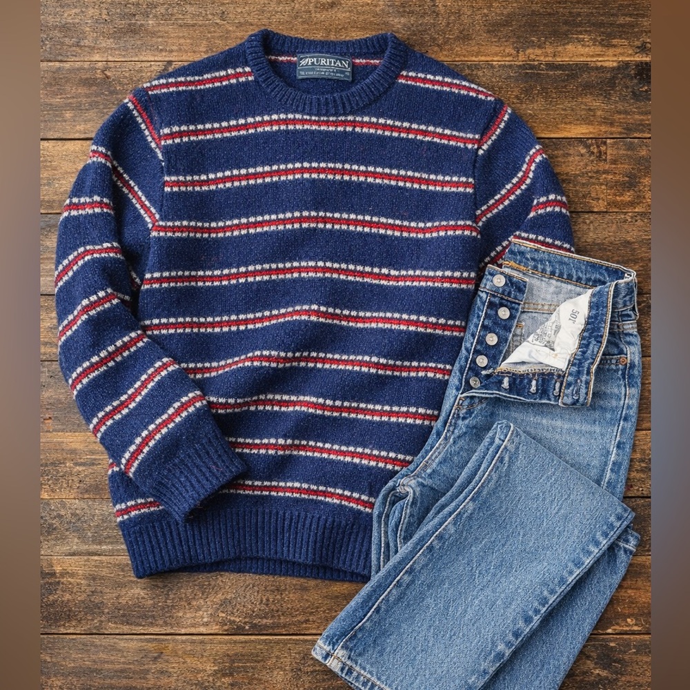 Puritan Wool Blend Vintage Ski Sweater Navy Red & White Striped Large